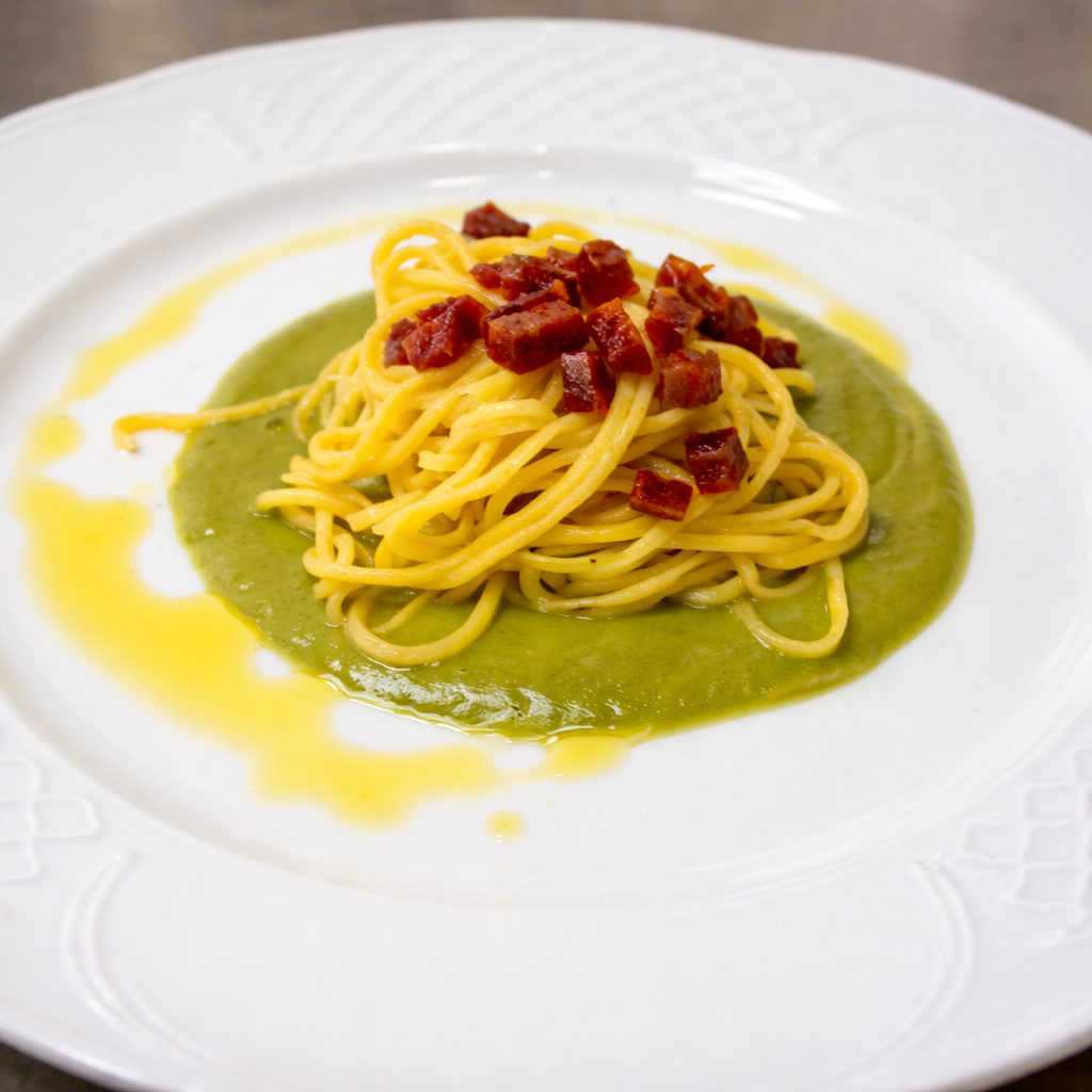 Maccheroni alla chitarra con Ventricina del Vastese, salsa al carciofo di Cupello ed olio intosso